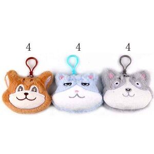 Dozen Plush Cat & Dog Face Keychains - Brown, Light Blue, Gray